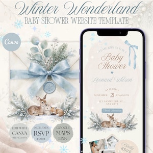Puede incluir: Una plantilla de sitio web para baby shower con temática Winter Wonderland, mostrada en la pantalla de un smartphone. El diseño incluye una cinta azul claro, un sello de cera e ilustraciones de un cervatillo, conejo y zorro entre ramas de pino nevadas.