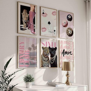 Pink Leopard Wall Art Set Black and White Gallery 6 Trendy Fashion Stylish Prints Decor Office Aesthetic Girly Wall Art Fashion Magazine