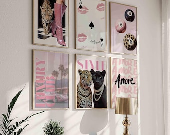 Pink Leopard Wall Art Set Black and White Gallery 6 Trendy Fashion Stylish Prints Decor Office Aesthetic Girly Wall Art Fashion Magazine