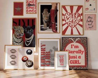 Cheetah Wall Art Set of 12 Red Black Leopard Print Chic Girly Posters for College Dorm Girl Apartment Retro Decor Vintage Digital Download