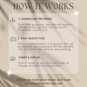 May include: A beige digital art print with the text "HOW IT WORKS" at the top. The image details how to download, print, and display digital art. The text includes instructions on downloading files from Etsy and printing at home or a local shop. The bottom text reads "TRANSFORM YOUR SPACE TODAY, SHOP NOW FOR INSTANT DIGITAL WALL ART!"