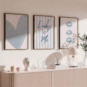 Pastel Blue Lucky Me Pin Stripe Set of 3 Wall Art - Heart Luck you Poster -Dorm Aesthetic Preppy Coquette Art - Digital Download Set