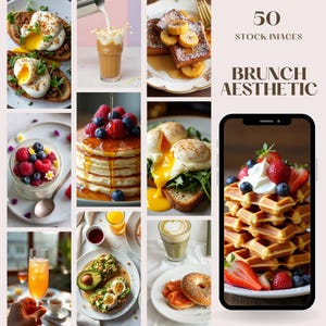 Puede incluir: Una colección de 50 imágenes de stock que presentan una variedad de alimentos para el brunch, que incluyen panqueques, waffles, huevos, tostadas de aguacate y pasteles. Las imágenes están diseñadas con una estética moderna con colores brillantes y luz natural.