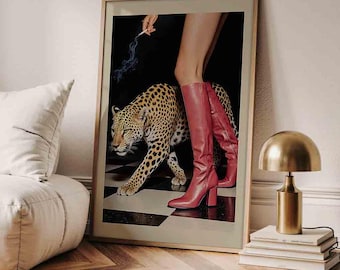 Trendy Pink Boots Print, Retro Leopard Poster, Vintage Luxurious Wall Art, Chic Girly Decor, High Fashion Poster, Femme Fatale Digital Print