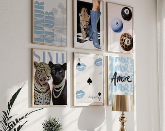 Trendy Blue Wall Art Set of 6, Retro 8 Ball Poster, Blue Cheetah Print, Blue Print Trendy Kiss Lips Digital Prints Preppy Dorm Room Decor
