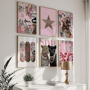 Pink Leopard Wall Art Set Black and White Gallery 6 Trendy Fashion Stylish Prints Decor Office Aesthetic Girly Wall Art Fashion Magazine