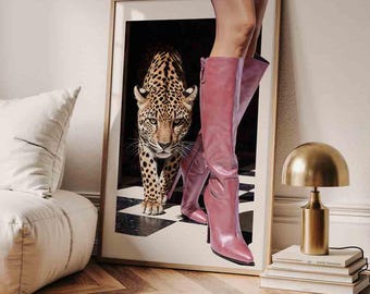 Trendy Pink Boots Print, Retro Leopard Poster, Vintage Luxurious Wall Art, Chic Girly Decor, High Fashion Poster, Femme Fatale Digital Print