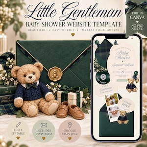 以下が含まれることがあります： Little Gentlemanというタイトルのベビーシャワー用ウェブサイトテンプレート。ネイビーのセーターを着たテディベア、ワックスシール付きの緑色の封筒、イベント詳細や出欠確認、Googleマップへのリンクを表示するスマートフォンが写っています。