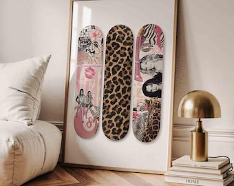 Trendy skateboard roze luipaard poster muurkunst roze mode muur kunst trendy mode stijlvolle esthetiek girly muur kunst modetijdschrift