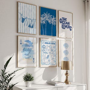 Coastal Print Set of 6, Blue Coastal Wall Art, Digital Prints, Cute Summer Art Prints, Beach Preppy Girls Dorm Room, Trendy Posters