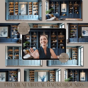 May include: Twelve images of a blue and gold library with built-in bookshelves. The images are arranged in a collage format with a woman in the center image on a video call. The text "PREMIUM VIRTUAL DESIGN" and "12 IMAGES" are visible in the collage.