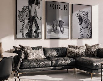 Fashion Stylish Wall Art Print - Trendy Leopard Roar Print Set of 3 - Black and White - Home Decor - Printable Wall Art - Digital Download