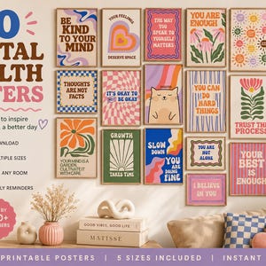 May include: A collection of 20 mental health posters with trendy aesthetic designs. The posters feature positive affirmations and inspirational quotes in various colors and styles, perfect for any room.