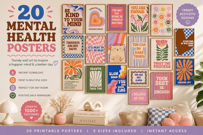May include: A collection of 20 mental health posters with trendy aesthetic designs. The posters feature positive affirmations and inspirational quotes in various colors and styles, perfect for any room.
