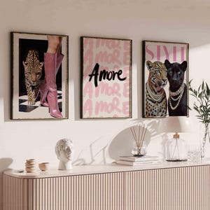 Cheetah Wall Art Set of 3 Pastel Pink Leopard Print Cute Girly Posters for College Dorm Girl Apartment Retro Decor Vintage Digital Download