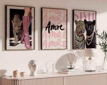 Cheetah Wall Art Set of 3 Pastel Pink Leopard Print Cute Girly Posters for College Dorm Girl Apartment Retro Decor Vintage Digital Download