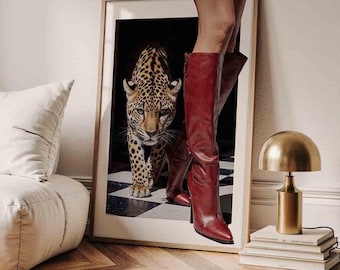 Trendy Red Boots Print, Retro Leopard Poster, Vintage Luxurious Wall Art, Chic Girly Decor, High Fashion Poster, Femme Fatale Digital Print