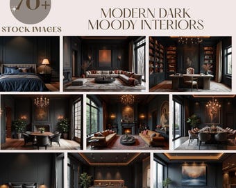 May include: A collage of nine images showcasing modern dark and moody interior design. The images feature various rooms, including a bedroom, living room, dining room, and library, all decorated in a dark and sophisticated style with black walls, dark furniture, and gold accents. The text "MODERN DARK MOODY INTERIORS" is displayed at the top of the collage.
