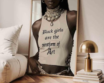 Arte de mujeres negras, arte de tendencia, arte mural de mujeres negras, arte mural de chicas negras, arte mural digital, arte de chicas negras, arte de pósteres negros, decoración de lujo