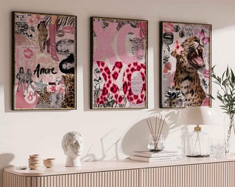Fashion Stylish Wall Art Print - Trendy Pink Leopard Roar Print Set of 3 - Pink Cheetah Prints -  Trendy Aesthetic Digital Download