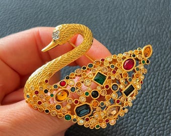 Swarovski Violin Brooch Vintage Crystal 22ct Gold Plated Large