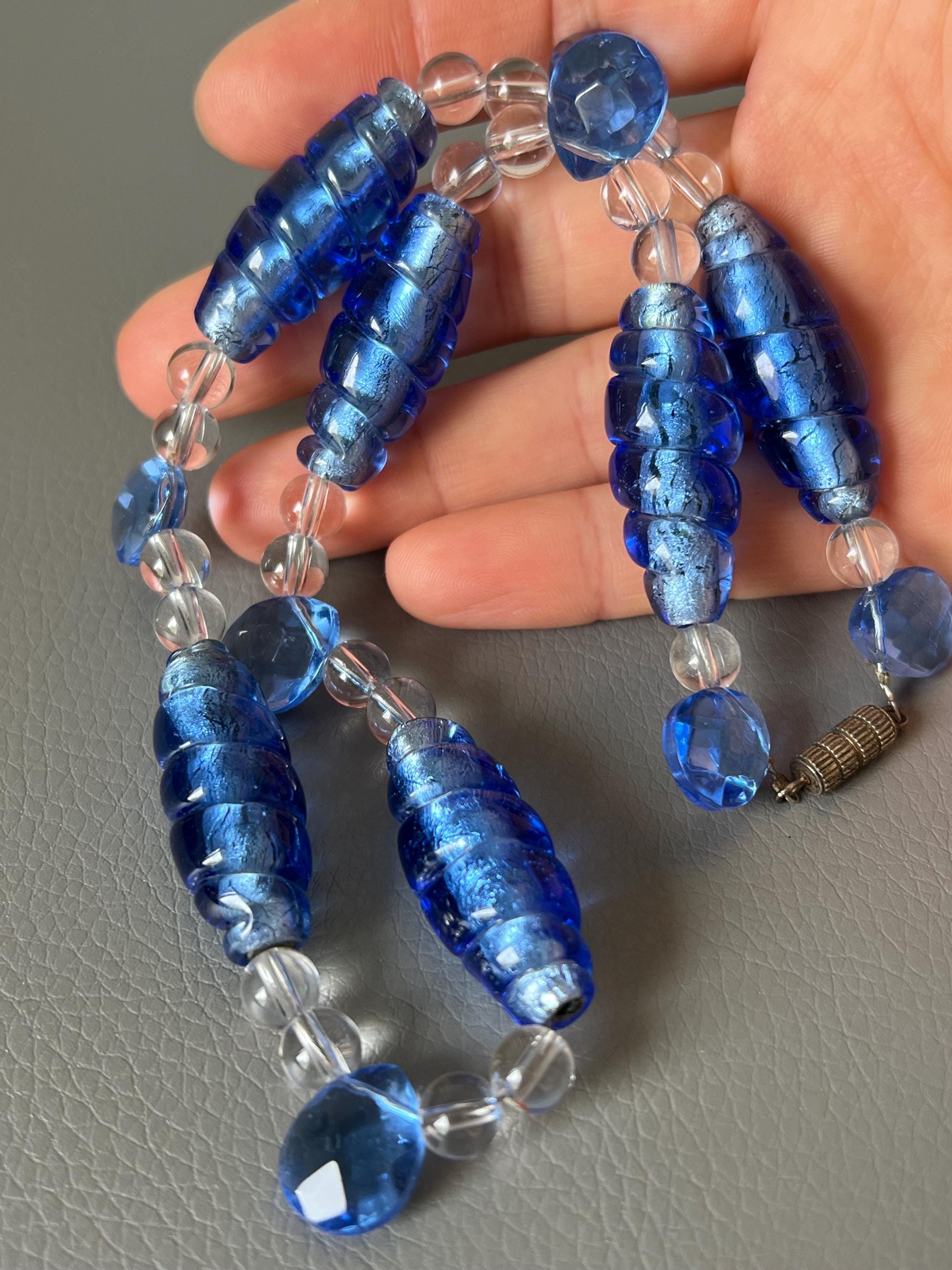 Collier en verre de Murano bleu vintage, collier en verre