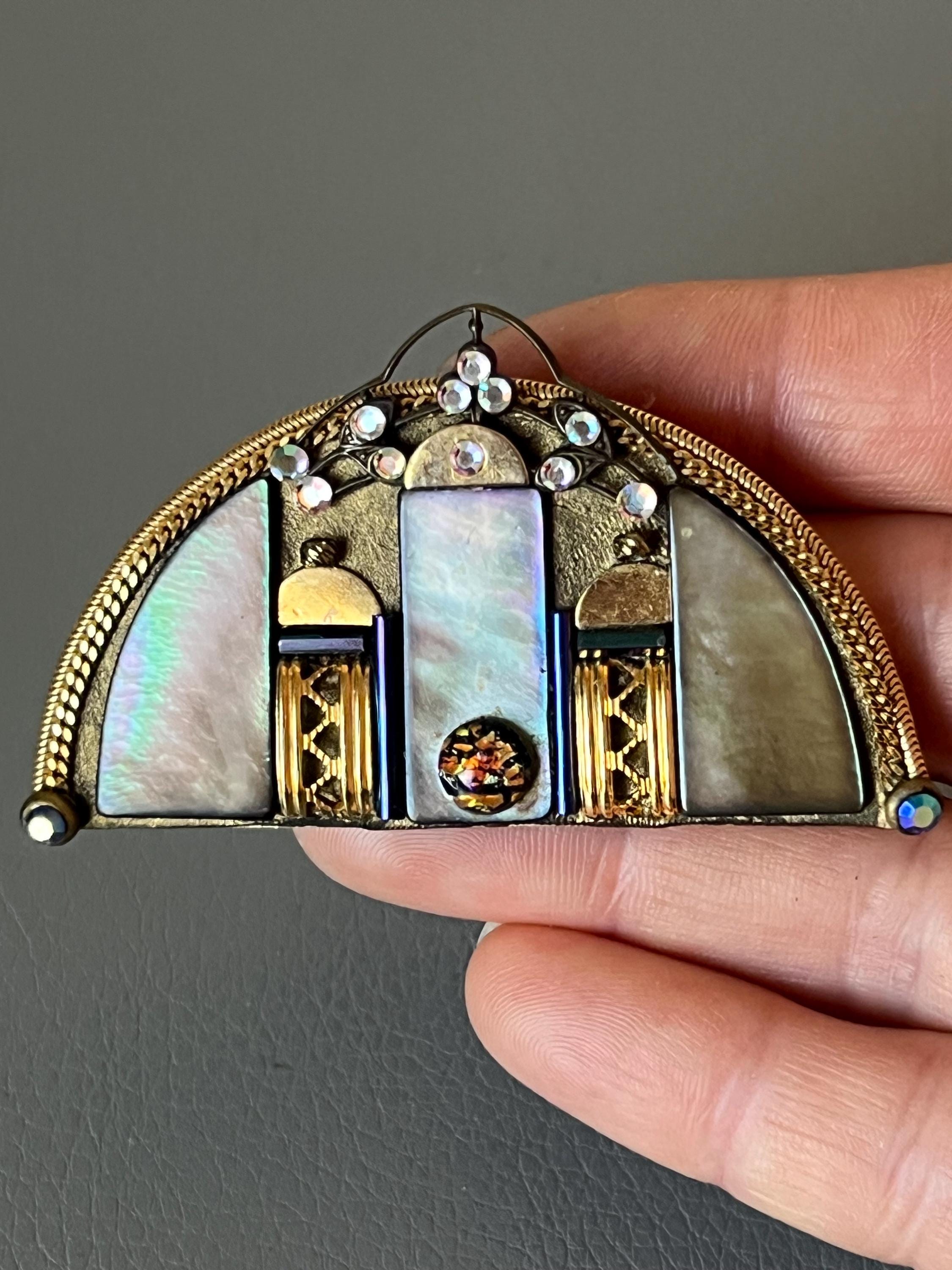Broche Ancienne Art Nouveau - Métal Argenté, Cristal Et Ambre - Vintage