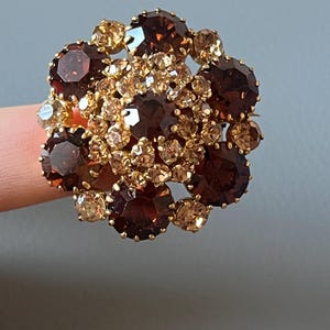 May include: A vintage brooch with a cluster of faceted, dark red and amber rhinestones. The stones are set in gold-tone metal, forming a floral or starburst design. A classic piece of jewellery.