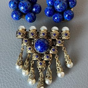 Vintage art-deco Tsjechische lapis lazuli broche en clip set