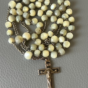 Antique French Religious Mother-of-pearl Rosary, Catholic Necklace