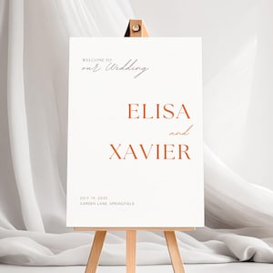 Letrero de bienvenida para boda en color naranja quemado, póster de boda de terracota editable, tablero de bienvenida con efecto de papel reciclado, letrero de bienvenida para boda.