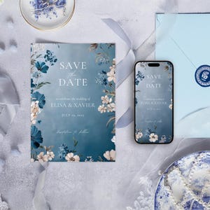 Cartão de reserva de casamento editável, elegante chinoiserie, reserva de data digital em toile francês, cartão de reserva de data com efeito aquarela em toile de jouy