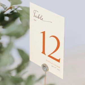 Puede incluir: Una tarjeta blanca con el texto "Table No. 12" en naranja. La tarjeta también incluye el texto "Elisa & Xavier July 19th, 2025".