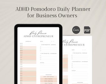 May include: A digital ADHD Pomodoro daily planner for business owners, displayed on a tablet and a printed page. The planner features a schedule, priority sections, and a Pomodoro timer. The design is in neutral tones with the text "ADHD Entrepreneur".