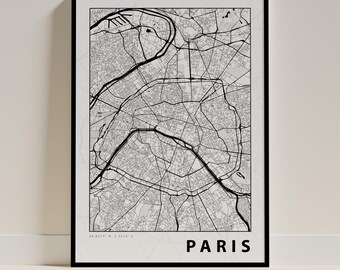 Poster Carte de Paris - Impression minimaliste noir et blanc, décoration de maison et de bureau, cadeau pour les voyageurs (portrait)