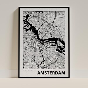 Poster de la carte d'Amsterdam - Impression minimaliste noir et blanc, décoration pour la maison et le bureau, cadeau pour les voyageurs