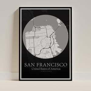 San Francisco Map Poster - Schwarz-Weiß-Druck, minimalistischer Druck, Haus- und Bürodekor, Geschenk für Reisende (Portrait)