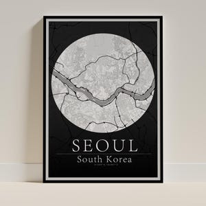 Poster carte de Séoul - Impression minimaliste noir et blanc, décoration de maison et de bureau, cadeau pour les voyageurs (portrait)