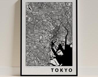 Poster de la carte de Tokyo - Impression minimaliste noir et blanc, décoration de maison et de bureau, cadeau pour les voyageurs (portrait)