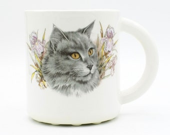 Whiskers & Blooms: Gray Cat Lily Ceramic Mug | handmade collectible ceramic art coffee mug tea cup | pet portraits | cat mom cat dad gift