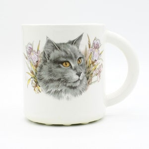 Whiskers & Blooms: Gray Cat Lily Ceramic Mug handmade collectible ceramic art coffee mug tea cup pet portraits cat mom cat dad gift image 1