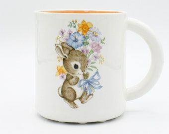 Bouncing Blossoms: Whimsical Bunny Ceramic Mug | handmade hand painted | cute easter gift idea | bunny rabbit pet portrait