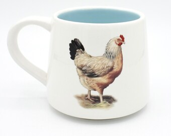 Chicken mug: OOAK handmade ceramic coffee mug tea cup | sky blue interior | in stock | double sided chicken rooster mug