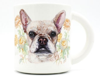 Floral Frenchie Mug, Dog Mug | handmade ceramic pet dog portrait mug | coffee mug tea cup | in stock