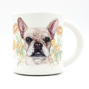 Floral Frenchie Mug, Dog Mug handmade ceramic pet dog portrait mug coffee mug tea cup in stock image 1