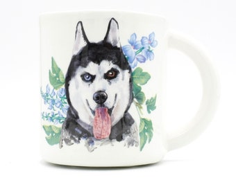 Frozen Elegance: Handmade Ceramic Mug with Siberian Husky and Blue Flowers | coffee mug tea cup | porcelain - original design, in stock |