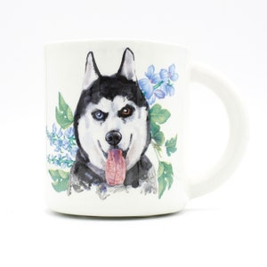 Frozen Elegance: Handmade Ceramic Mug with Siberian Husky and Blue Flowers coffee mug tea cup porcelain original design, in stock image 1