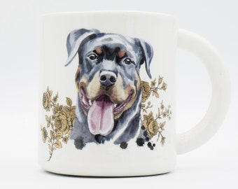 Regal Rottweiler: Golden Floral Portrait Mug | dog breed coffee mug tea cup | pet dog animal lover gift idea | in stock | Pet Dog Gift Idea