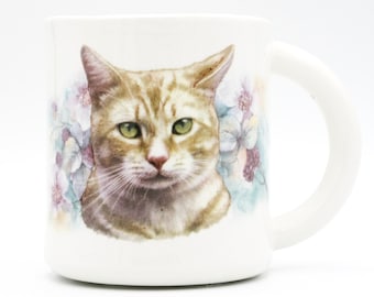 Ginger Cat Mug | ceramic pottery mug | orange cat portrait | floral kitty mug | christmas gift | stocking stuffer | in stock