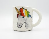 Unicorn Mug with Gold horn| handmade hand-built | coffee mug tea cup | in rainbow | original design mythical animal rainbow dash | in stock